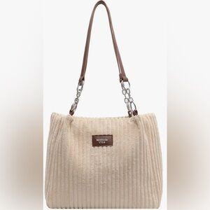Ivory chenille with brown leather straps‎ shoulder bag